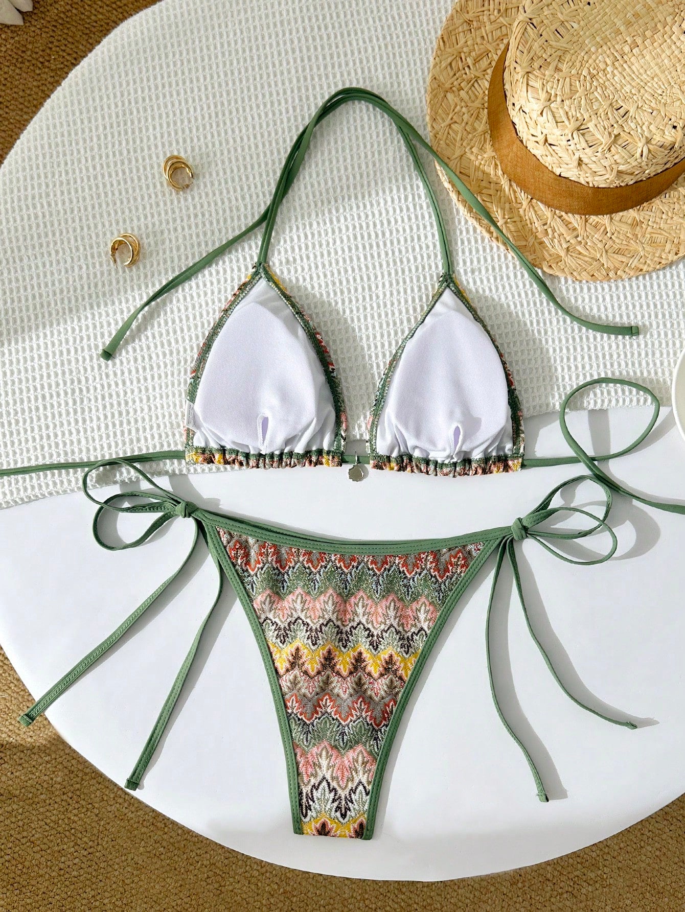 Swim Chiccia 2pcs Women Swimsuit Set,Green,Summer,Boho,Beach,Holiday,Holiday Colorful Leaf Knit Fabric,Silver Shell Decor,Drawstring Halter Triangle Bikini Suit
