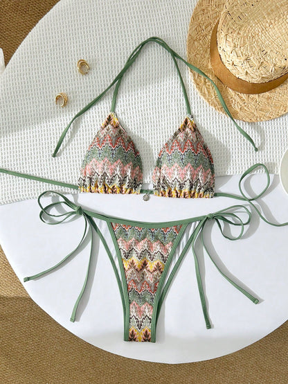 Swim Chiccia 2pcs Women Swimsuit Set,Green,Summer,Boho,Beach,Holiday,Holiday Colorful Leaf Knit Fabric,Silver Shell Decor,Drawstring Halter Triangle Bikini Suit