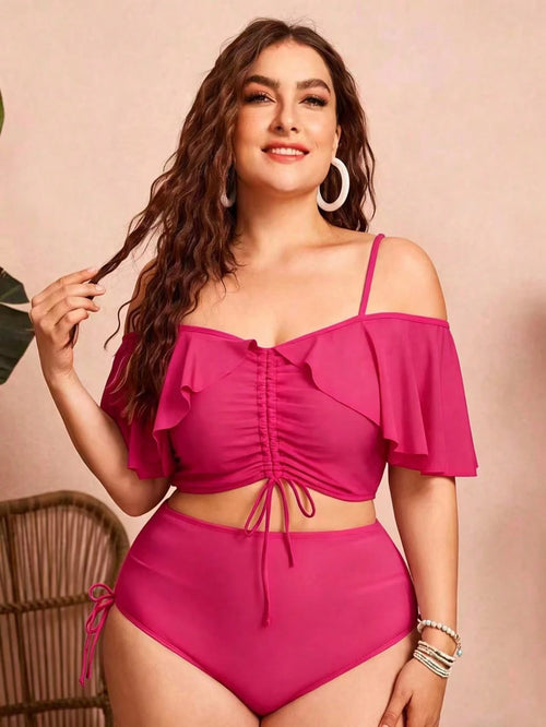 Swim Chiccia Plus Size Women 2pcs Solid Color Spaghetti Strap Off-Shoulder Ruffle Drawstring Split Swimwear, Fashionable Elegant Sexy For Vacation Leisure Beach