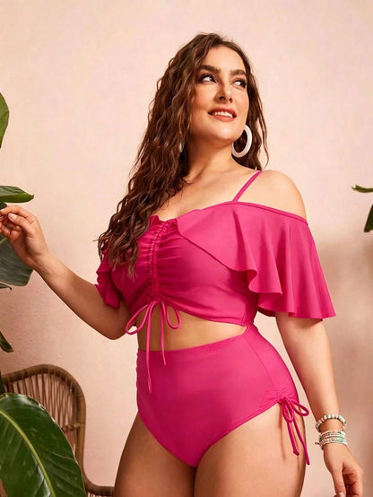 Swim Chiccia Plus Size Women 2pcs Solid Color Spaghetti Strap Off-Shoulder Ruffle Drawstring Split Swimwear, Fashionable Elegant Sexy For Vacation Leisure Beach