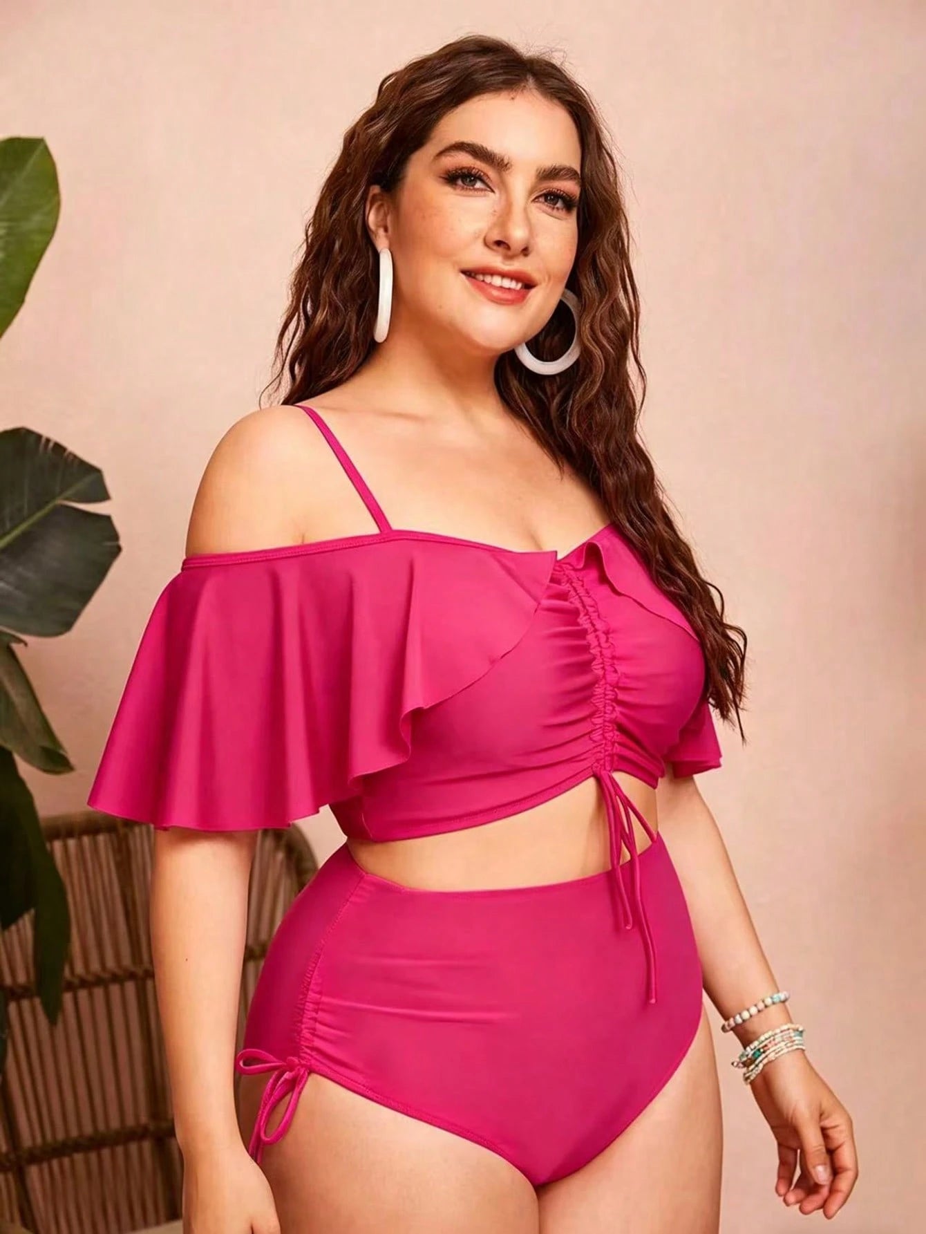 Swim Chiccia Plus Size Women 2pcs Solid Color Spaghetti Strap Off-Shoulder Ruffle Drawstring Split Swimwear, Fashionable Elegant Sexy For Vacation Leisure Beach