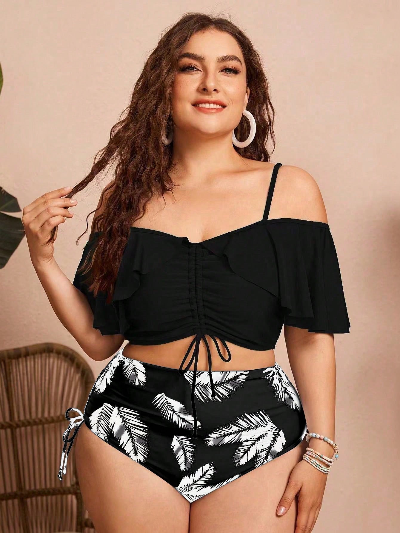 Swim Chiccia Plus Size Women 2pcs Solid Color Spaghetti Strap Off-Shoulder Ruffle Drawstring Split Swimwear, Fashionable Elegant Sexy For Vacation Leisure Beach