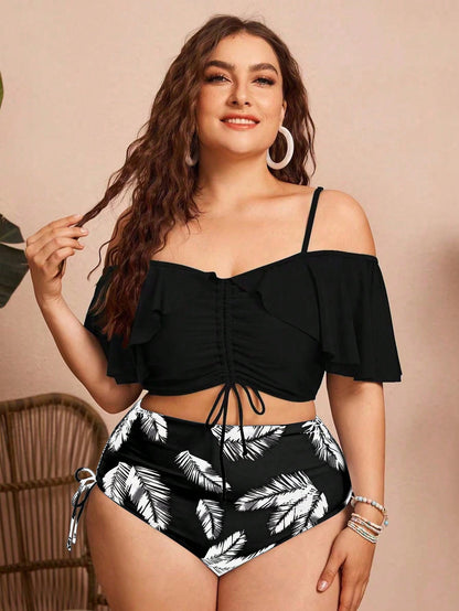 Swim Chiccia Plus Size Women 2pcs Solid Color Spaghetti Strap Off-Shoulder Ruffle Drawstring Split Swimwear, Fashionable Elegant Sexy For Vacation Leisure Beach