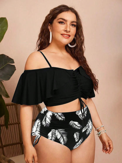 Swim Chiccia Plus Size Women 2pcs Solid Color Spaghetti Strap Off-Shoulder Ruffle Drawstring Split Swimwear, Fashionable Elegant Sexy For Vacation Leisure Beach