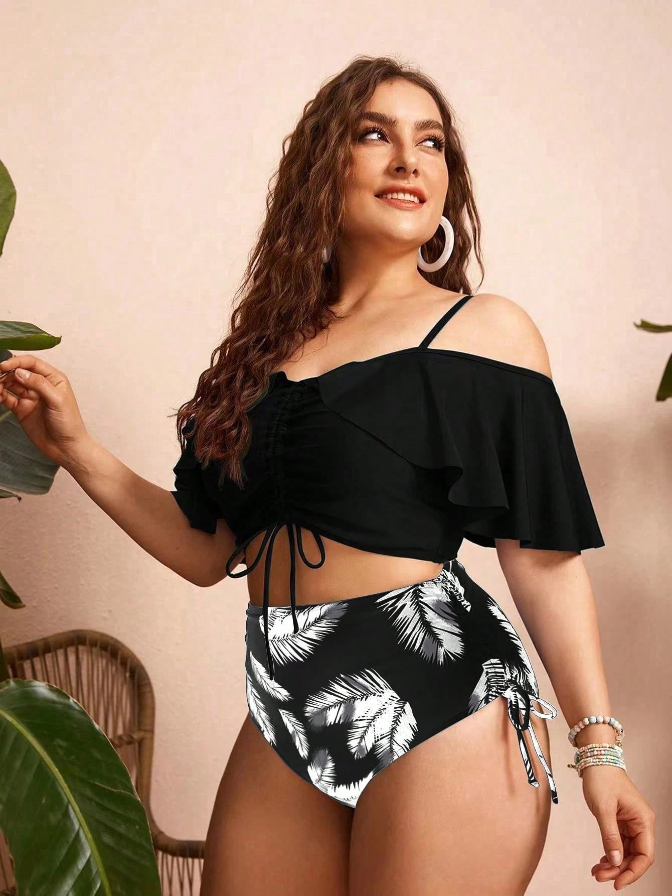 Swim Chiccia Plus Size Women 2pcs Solid Color Spaghetti Strap Off-Shoulder Ruffle Drawstring Split Swimwear, Fashionable Elegant Sexy For Vacation Leisure Beach