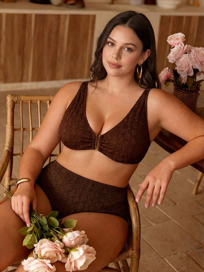Swim Chiccia Plus Size Women's Brown U-Neck Strap Top And High Waist Pants Elegant Minimalist Swimwear 2 Pieces Set