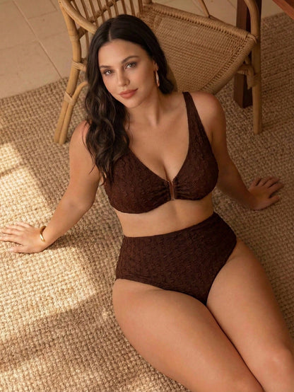 Swim Chiccia Plus Size Women's Brown U-Neck Strap Top And High Waist Pants Elegant Minimalist Swimwear 2 Pieces Set