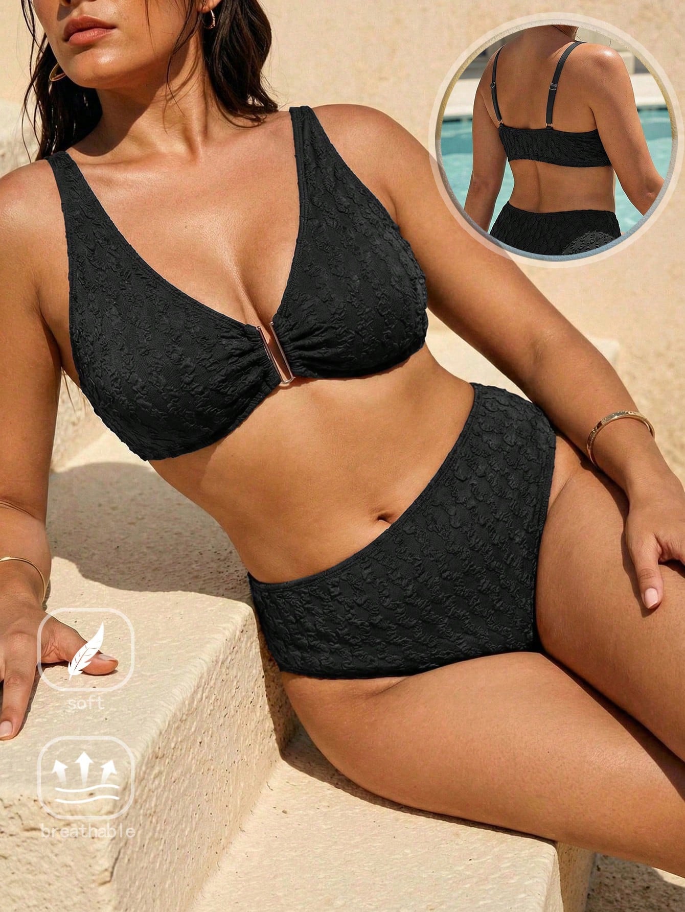 Swim Chiccia Plus Size Women's Brown U-Neck Strap Top And High Waist Pants Elegant Minimalist Swimwear 2 Pieces Set