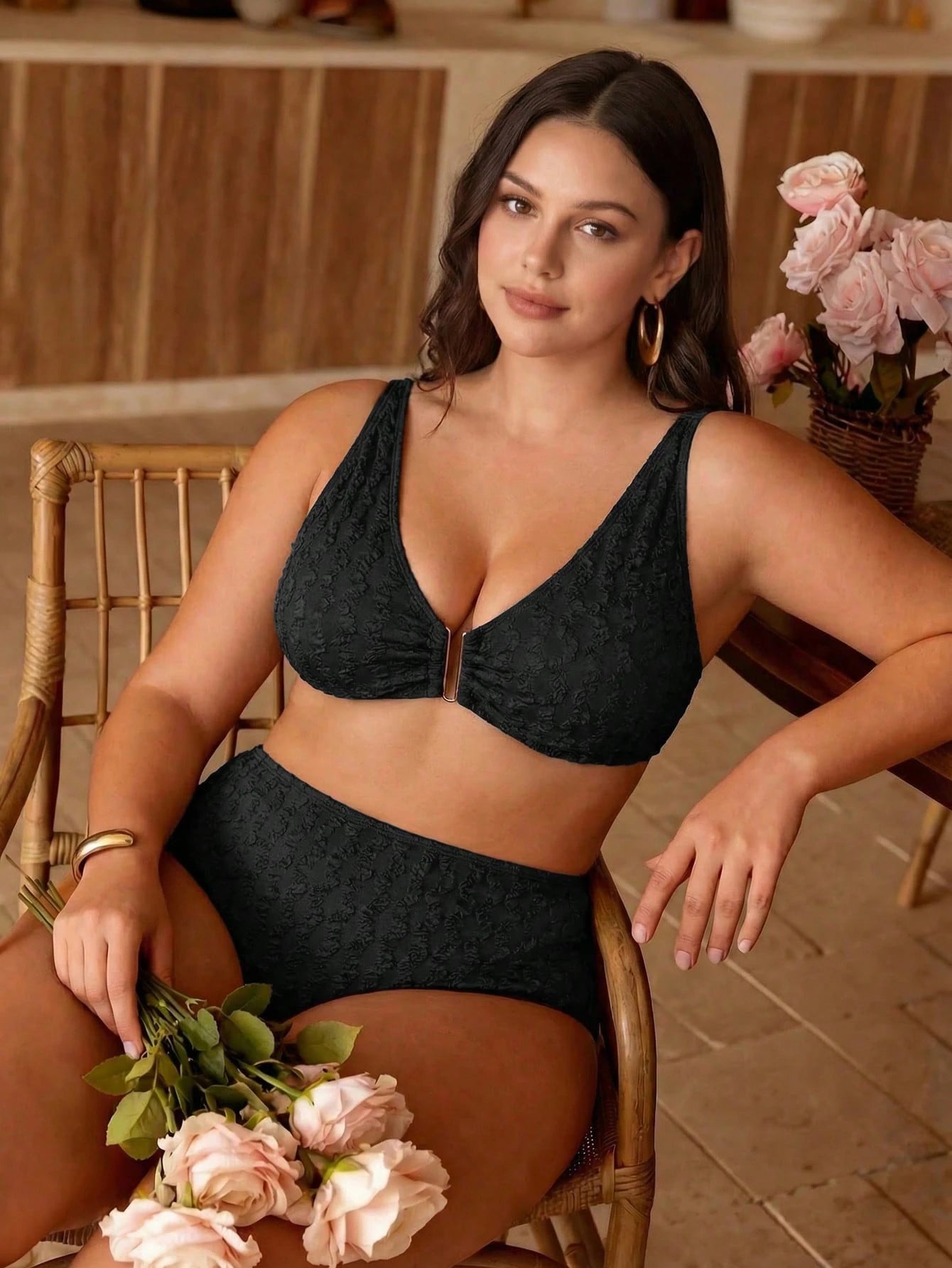 Swim Chiccia Plus Size Women's Brown U-Neck Strap Top And High Waist Pants Elegant Minimalist Swimwear 2 Pieces Set