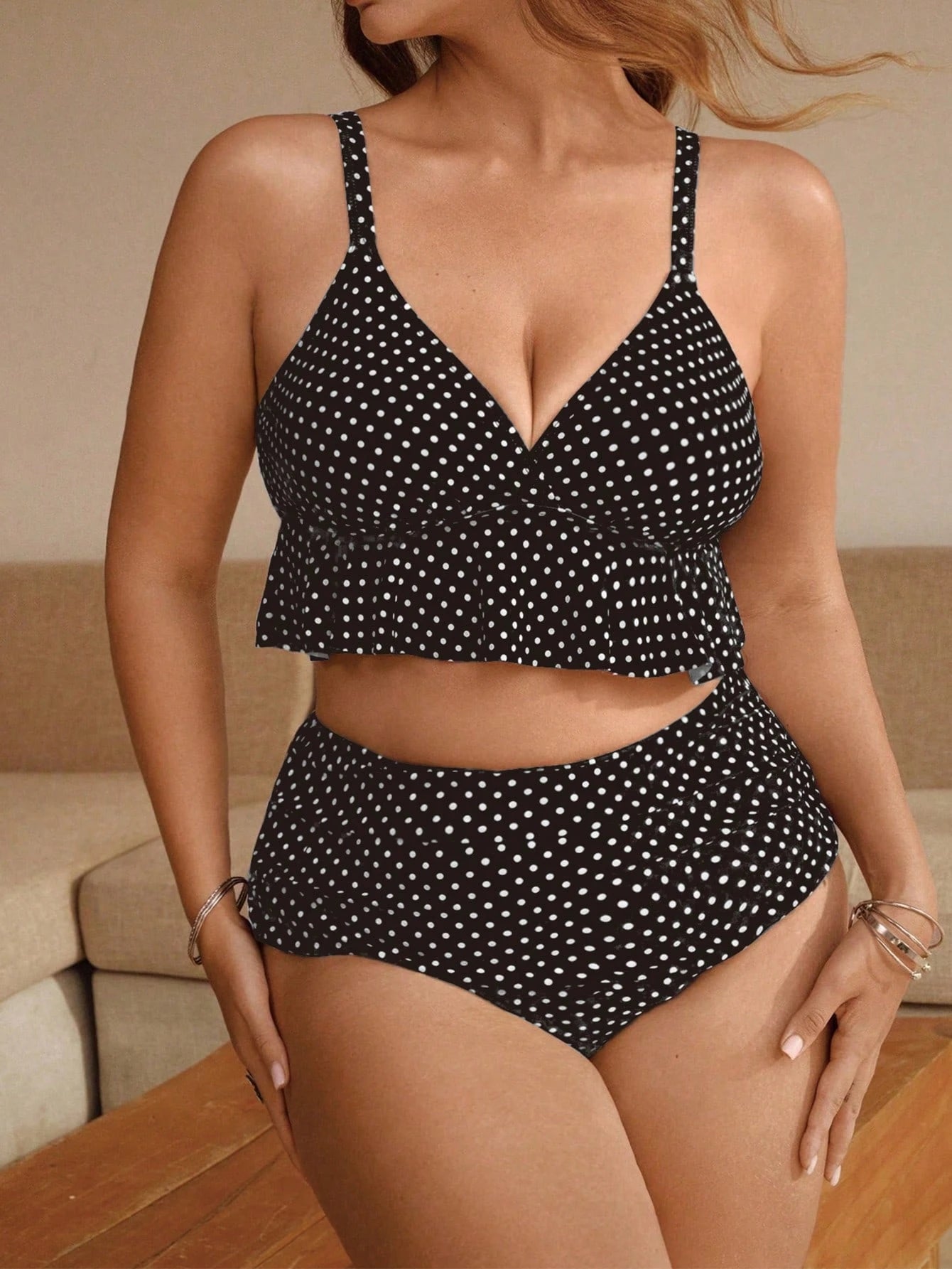 Swim Chiccia Plus Size Women's Polka Dot Print European American Elegant Sexy Series Tankini Set Beach Vacation Summer