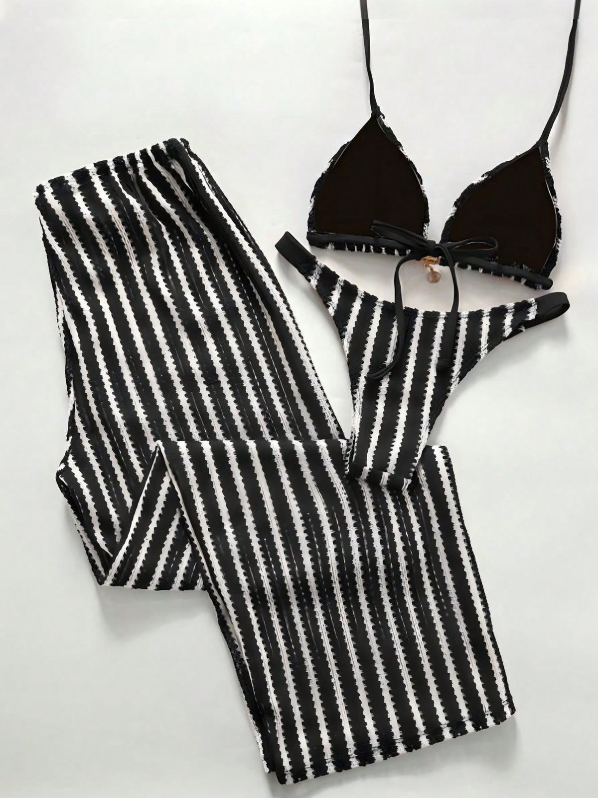 Swim Chiccia Women's Black And White Striped Swimwear Set Summer Casual Beach Party Holiday Vacation Holiday Cover Up Pants Set Bathing Suits Two Pieces Beach Set