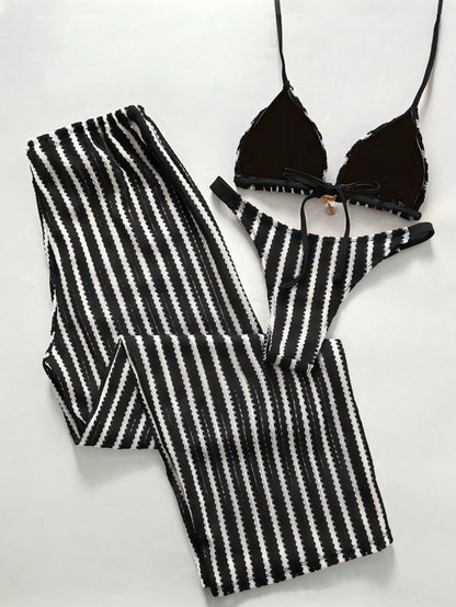 Swim Chiccia Women's Black And White Striped Swimwear Set Summer Casual Beach Party Holiday Vacation Holiday Cover Up Pants Set Bathing Suits Two Pieces Beach Set