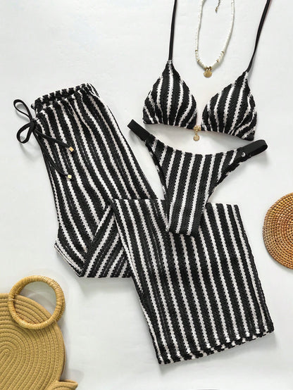 Swim Chiccia Women's Black And White Striped Swimwear Set Summer Casual Beach Party Holiday Vacation Holiday Cover Up Pants Set Bathing Suits Two Pieces Beach Set