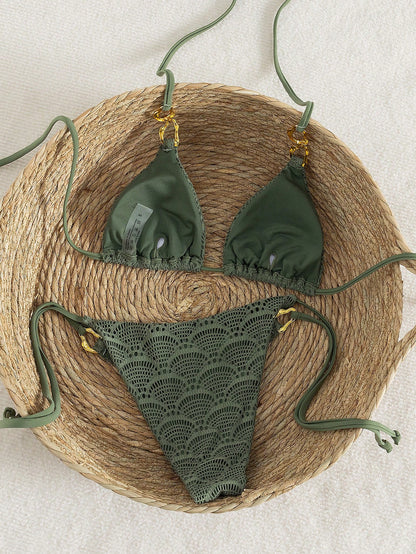 Swim Chiccia Women's Military Green Knit Jacquard Mesh Metal Accessory Strappy Knotted Back Bikini Set, For Beach Music Festival Spring/Summer