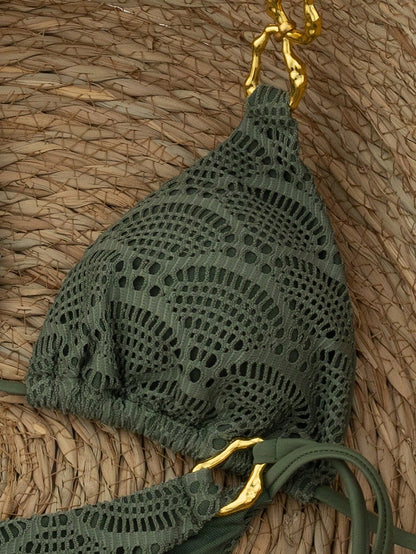 Swim Chiccia Women's Military Green Knit Jacquard Mesh Metal Accessory Strappy Knotted Back Bikini Set, For Beach Music Festival Spring/Summer