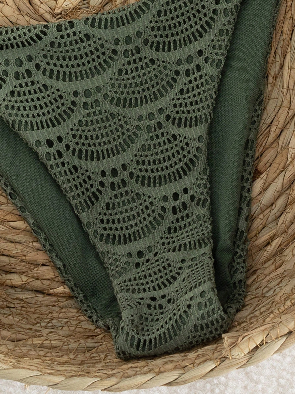 Swim Chiccia Women's Military Green Knit Jacquard Mesh Metal Accessory Strappy Knotted Back Bikini Set, For Beach Music Festival Spring/Summer