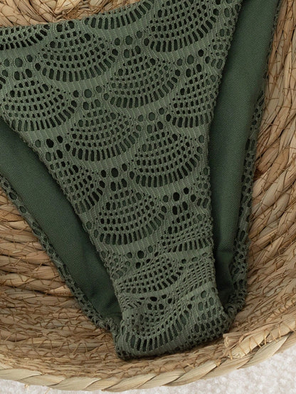 Swim Chiccia Women's Military Green Knit Jacquard Mesh Metal Accessory Strappy Knotted Back Bikini Set, For Beach Music Festival Spring/Summer