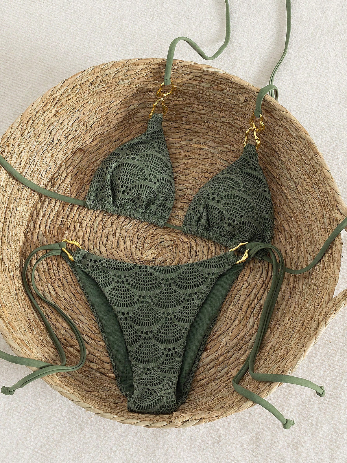 Swim Chiccia Women's Military Green Knit Jacquard Mesh Metal Accessory Strappy Knotted Back Bikini Set, For Beach Music Festival Spring/Summer