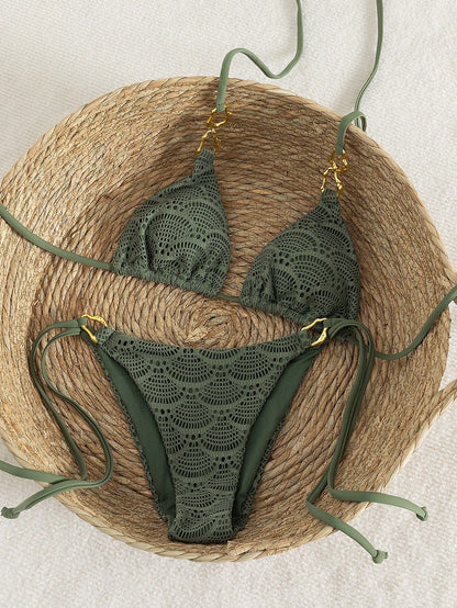 Swim Chiccia Women's Military Green Knit Jacquard Mesh Metal Accessory Strappy Knotted Back Bikini Set, For Beach Music Festival Spring/Summer