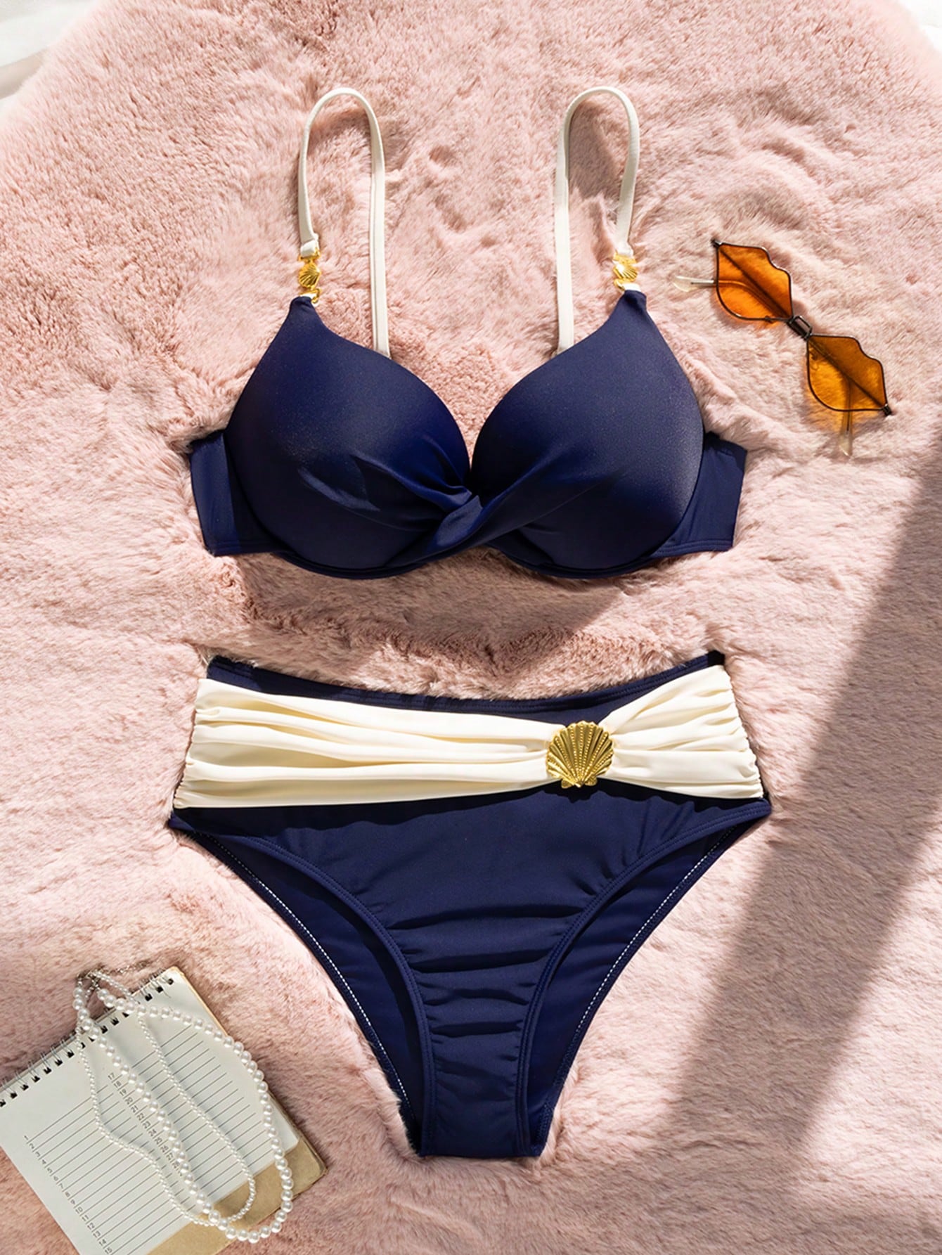 Swim Chiccia Women's Solid Color Underwire Bikini Set With High Waist Bottoms, Spring/Summer Bikini Set Navy Blue Bikini Set Vintage Women Two Pieces Sets Swimwear