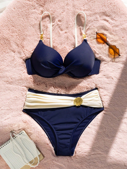 Swim Chiccia Women's Solid Color Underwire Bikini Set With High Waist Bottoms, Spring/Summer Bikini Set Navy Blue Bikini Set Vintage Women Two Pieces Sets Swimwear