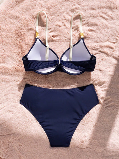 Swim Chiccia Women's Solid Color Underwire Bikini Set With High Waist Bottoms, Spring/Summer Bikini Set Navy Blue Bikini Set Vintage Women Two Pieces Sets Swimwear