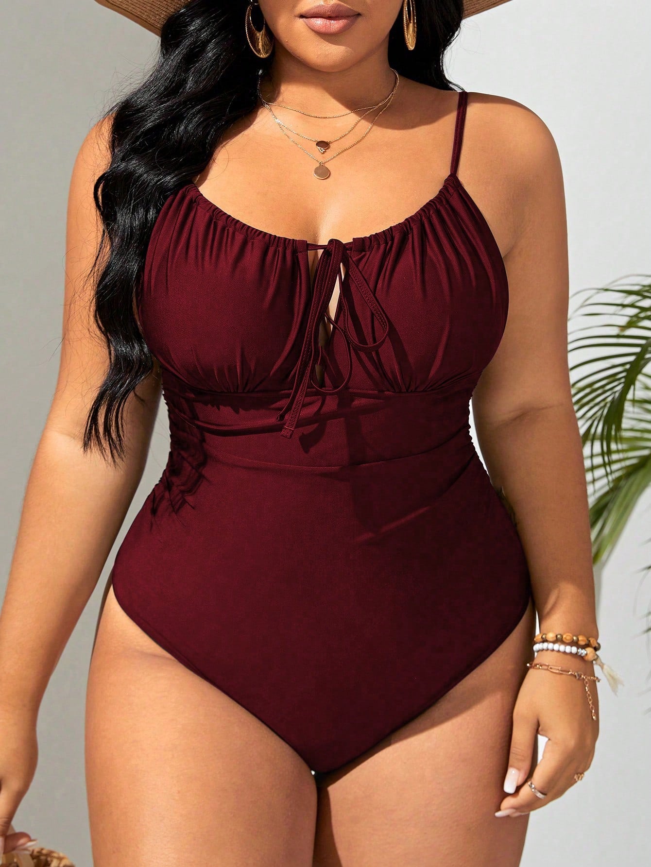 Swim Curve 2025 Plus Size Women Solid Color Front Tie One-Piece Swimsuit Summer