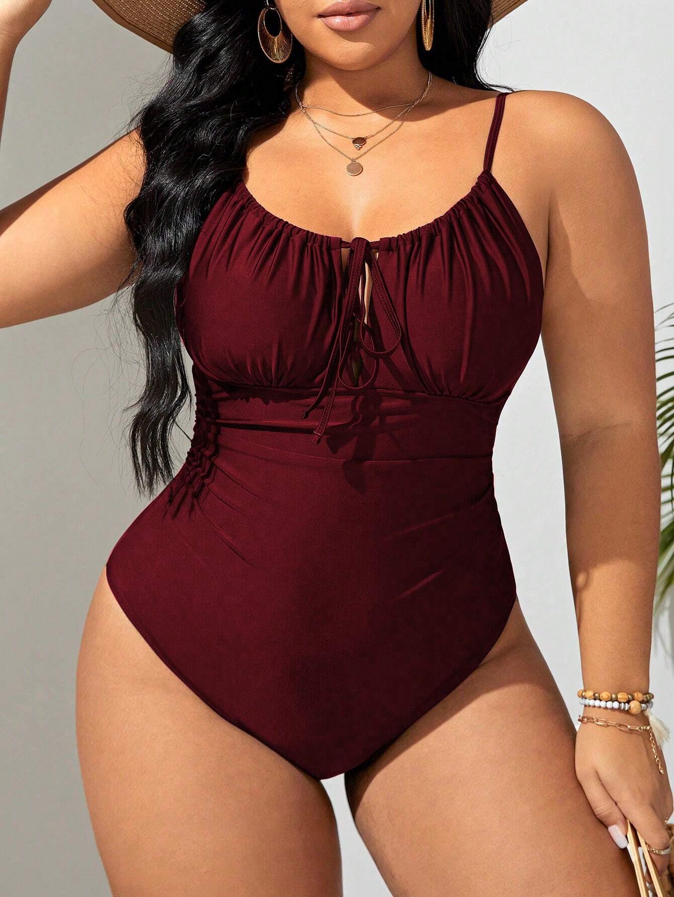 Swim Curve 2025 Plus Size Women Solid Color Front Tie One-Piece Swimsuit Summer