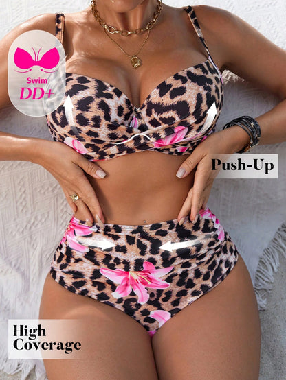Swim DD+ Beach Summer Outfits For Women: Random Floral & Leopard Print Cross-Strap Push Up High Waist Ruffle Tankini Swimwear Set