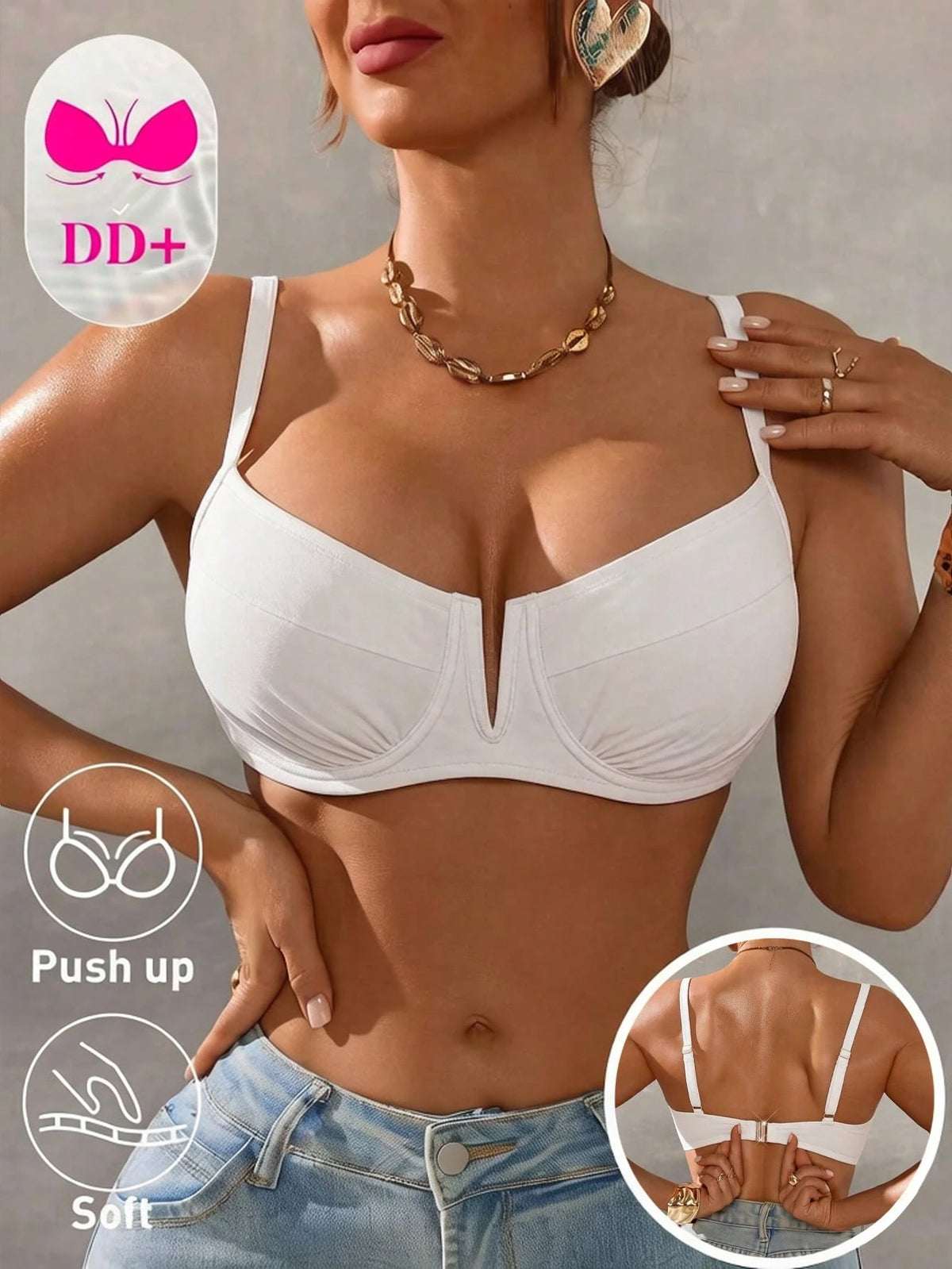 Swim DD+ DD+ Women's Solid Color Spaghetti Strap Adjustable Shoulder Strap Back Buckle Front V-Neck Camisole Top