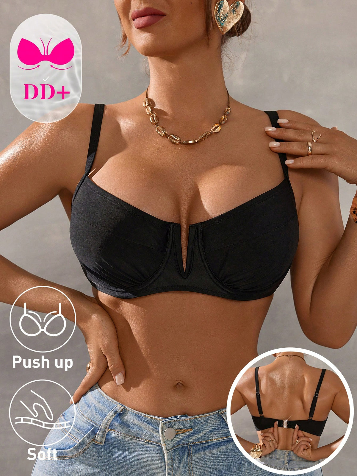 Swim DD+ DD+ Women's Solid Color Spaghetti Strap Adjustable Shoulder Strap Back Buckle Front V-Neck Camisole Top