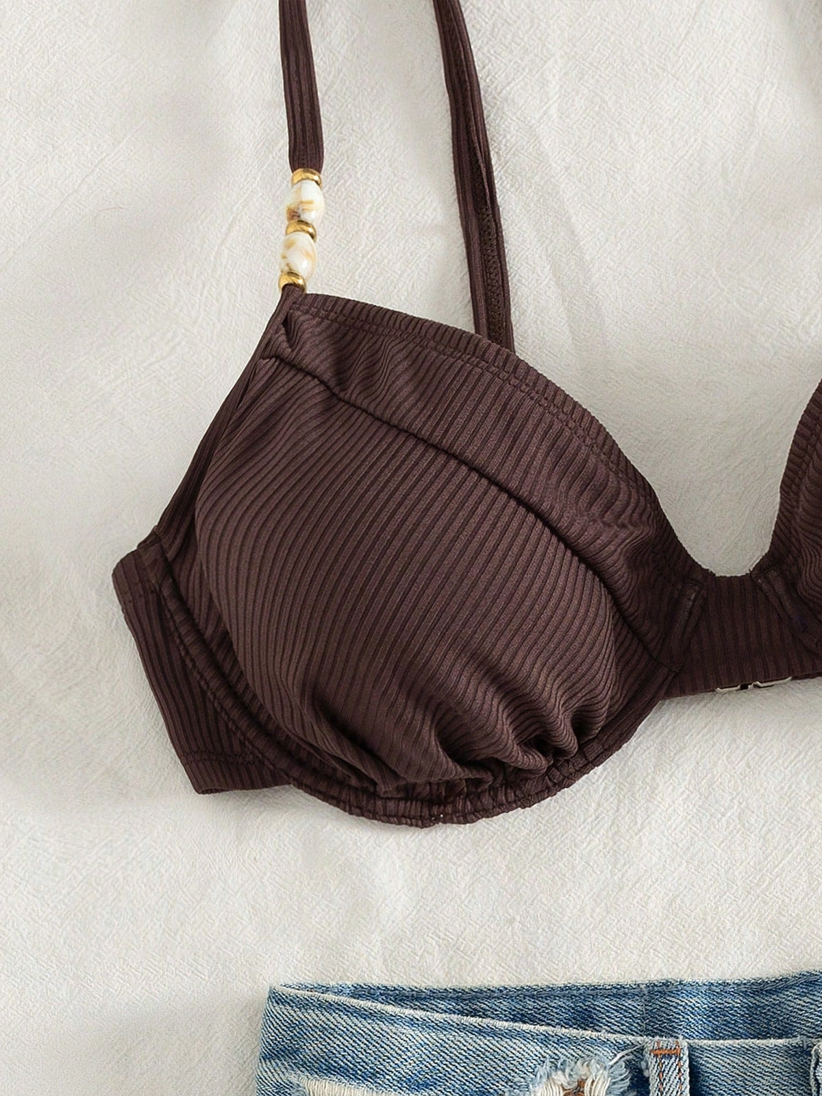 Swim DD+ Women's Plus Size DD+ Bikini Top,Deep Brown Ribbed Push Up Underwire Swimwear,Pearl Bead Straps,White,Summer,Sparkly,Tropical,Beach,Vacation,Holiday