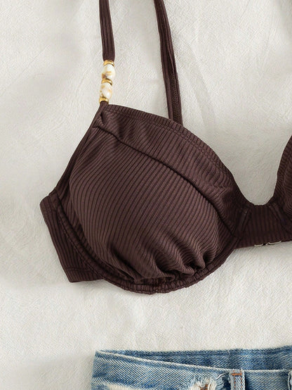 Swim DD+ Women's Plus Size DD+ Bikini Top,Deep Brown Ribbed Push Up Underwire Swimwear,Pearl Bead Straps,White,Summer,Sparkly,Tropical,Beach,Vacation,Holiday