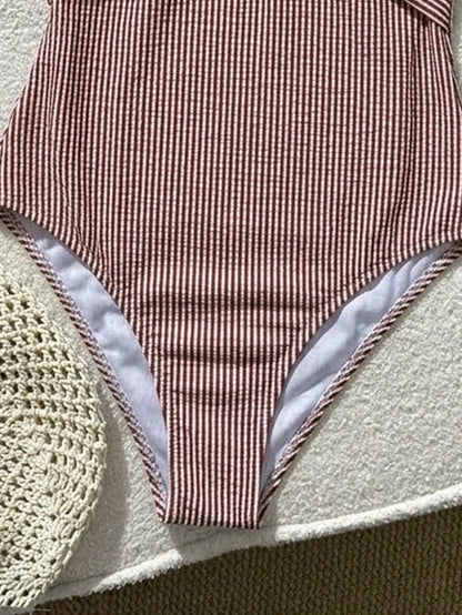Swim Lushoire 1pc Striped Special Fabric Criss-Cross Front One-Piece Swimsuit