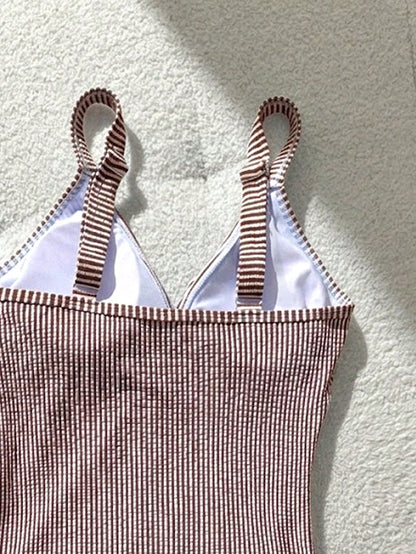 Swim Lushoire 1pc Striped Special Fabric Criss-Cross Front One-Piece Swimsuit