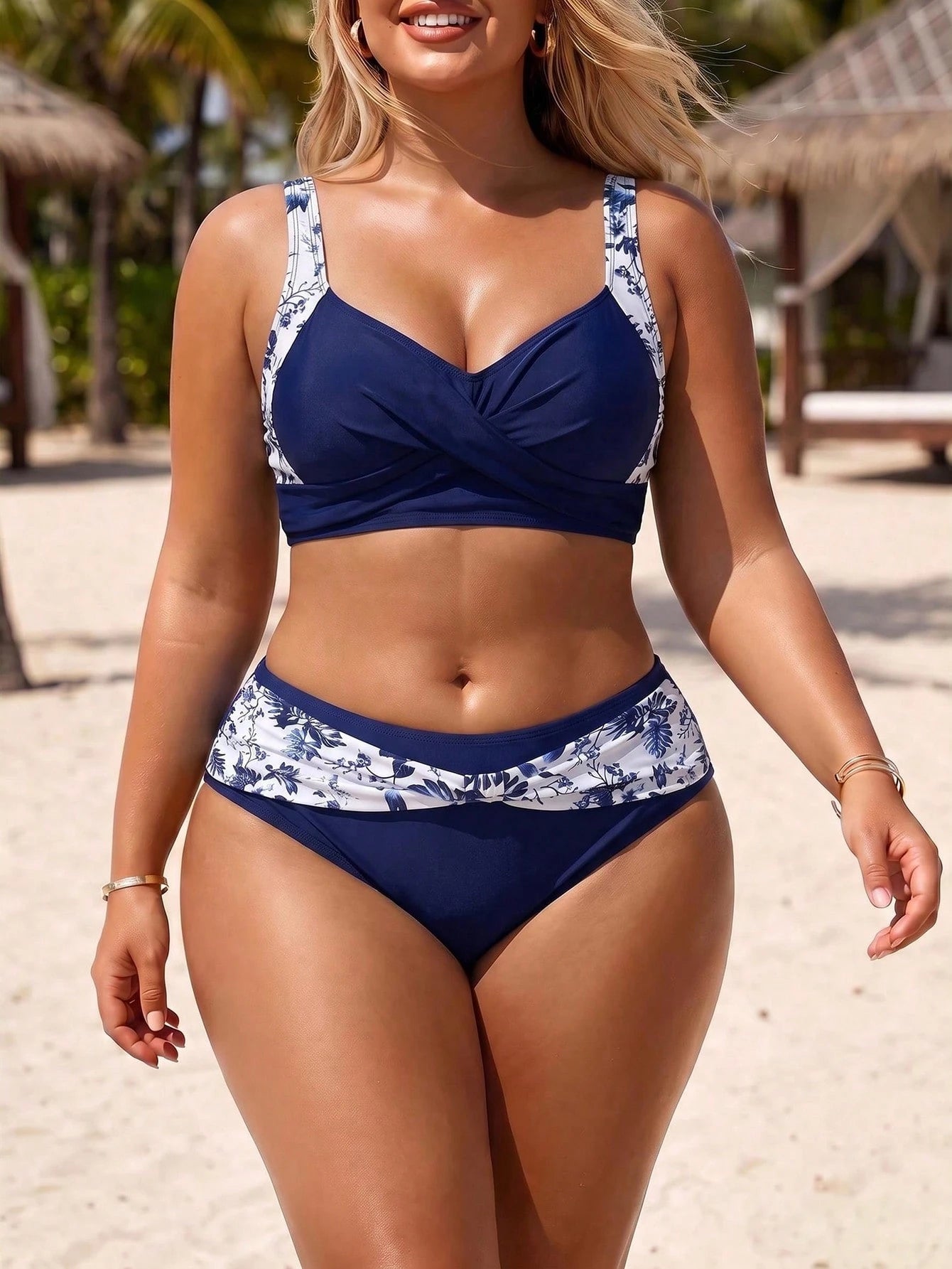 Swim Lushoire 2026 New Plus Size Women 2-Piece Set Black & Grey Floral Print V-Neck Top With High Waist Printed Belt High Waist Pants, Beach Vacation, Summer Holiday Outfit, Party Wear, Elegant Women