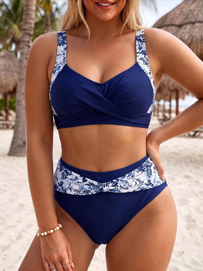 Swim Lushoire 2026 New Plus Size Women 2-Piece Set Black & Grey Floral Print V-Neck Top With High Waist Printed Belt High Waist Pants, Beach Vacation, Summer Holiday Outfit, Party Wear, Elegant Women