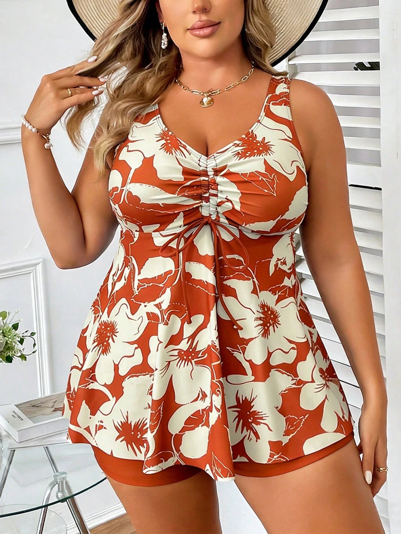 Swim Lushoire 2026 New Plus Size Women Floral Print Drawstring Front Tankini Swimsuit With Shorts, Vacation