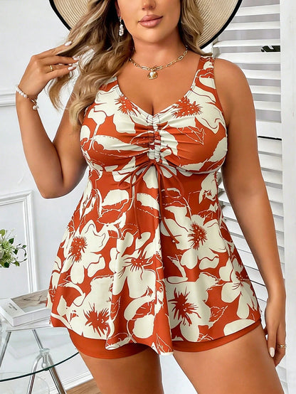 Swim Lushoire 2026 New Plus Size Women Floral Print Drawstring Front Tankini Swimsuit With Shorts, Vacation