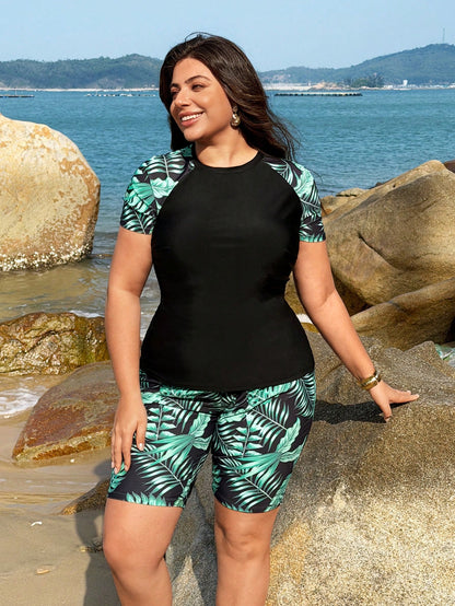 Swim Lushoire 2026 New Tropical Green Plant Print Plus Size Backless Bikini Top For Beach Vacation
