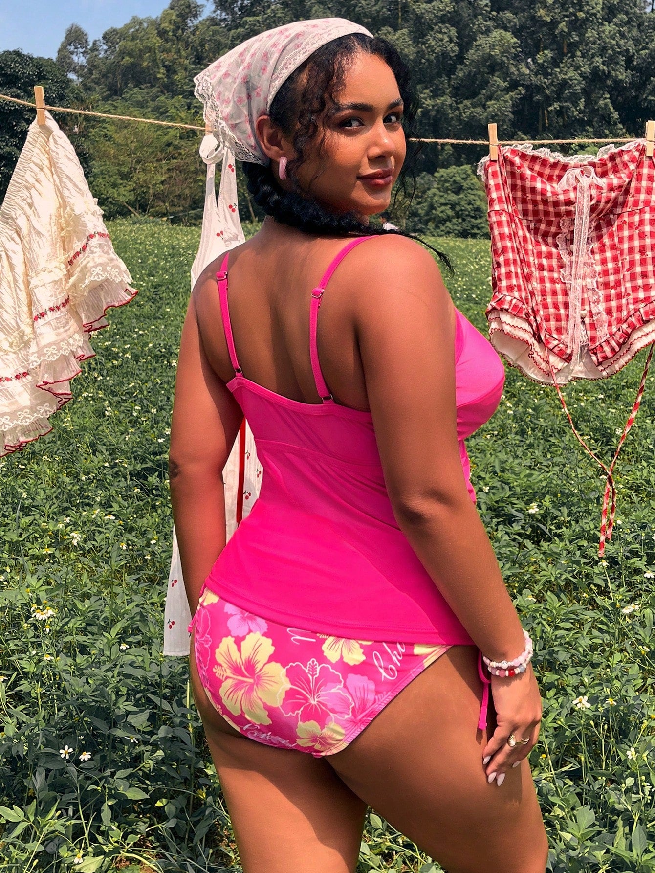 Swim Lushoire 2026 Spring New Plus Size Women's Floral Print High Waist Drawstring Triangle Bikini 2-Piece Swimwear