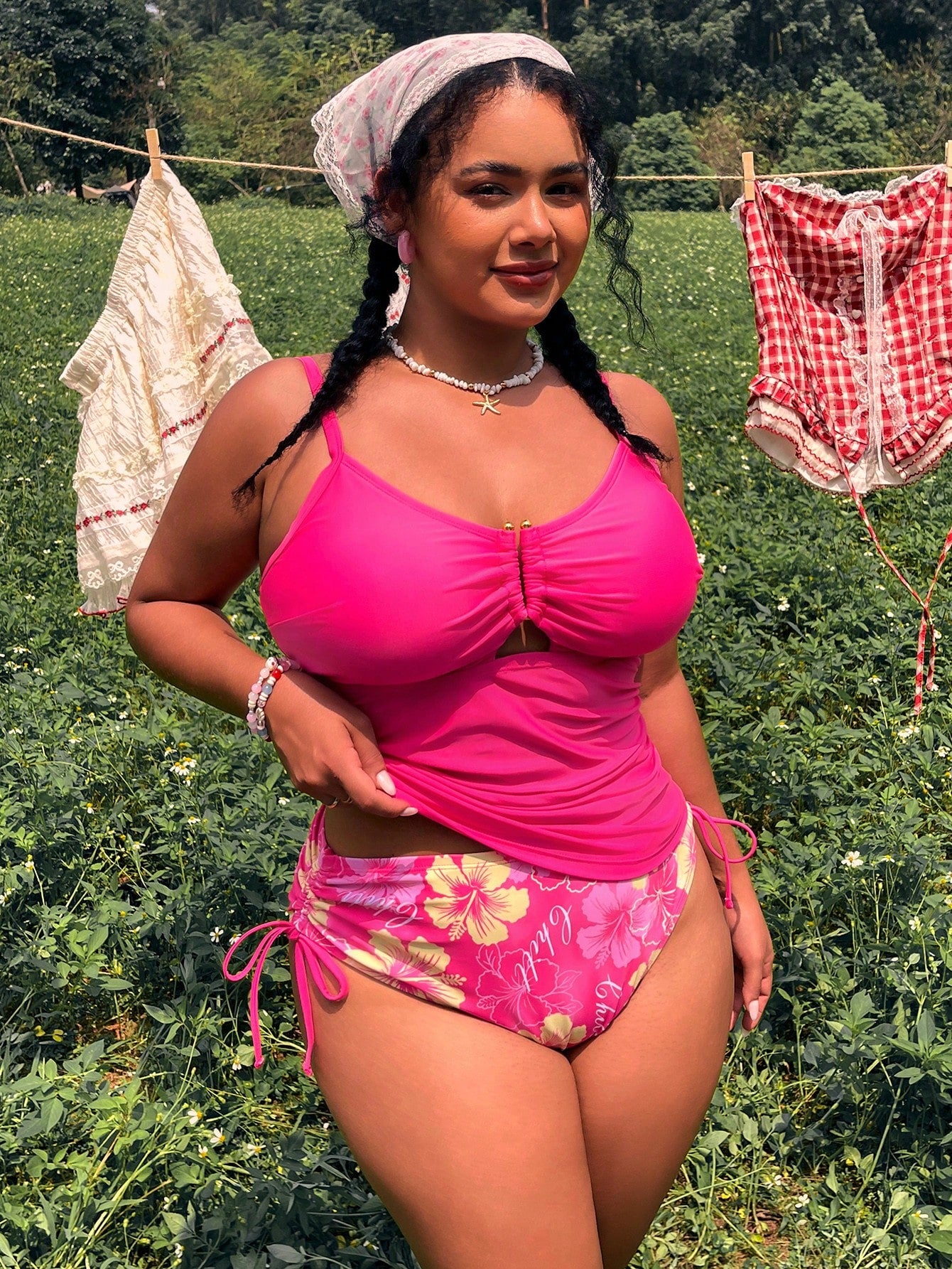 Swim Lushoire 2026 Spring New Plus Size Women's Floral Print High Waist Drawstring Triangle Bikini 2-Piece Swimwear