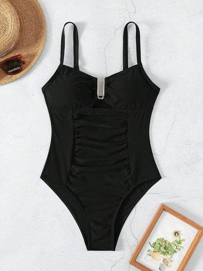 Swim Lushoire 2026 Spring/Summer Women's Adjustable Metal U-Shaped Decor Black Elegant Fitted One-Piece Bikini Swimsuit