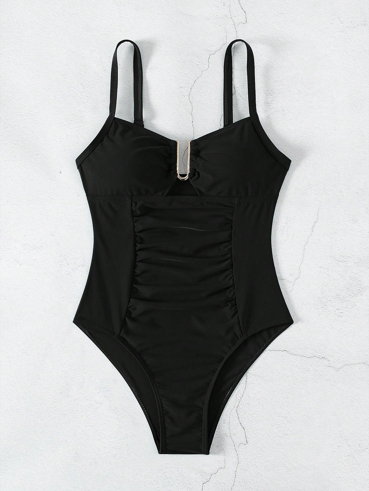 Swim Lushoire 2026 Spring/Summer Women's Adjustable Metal U-Shaped Decor Black Elegant Fitted One-Piece Bikini Swimsuit