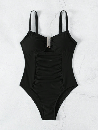 Swim Lushoire 2026 Spring/Summer Women's Adjustable Metal U-Shaped Decor Black Elegant Fitted One-Piece Bikini Swimsuit