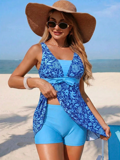 Swim Lushoire 26SS Women's Spring/Summer Beachwear Vacation, Swimsuits, Beach Vacation BOHO Tropical Bohemian Style Floral Print, Elegant Romantic Bow Tie, Blue