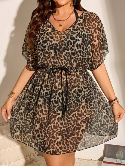 Swim Lushoire Leaf Print V-Neck Waist Tie Women's Plus Size Cover-Up