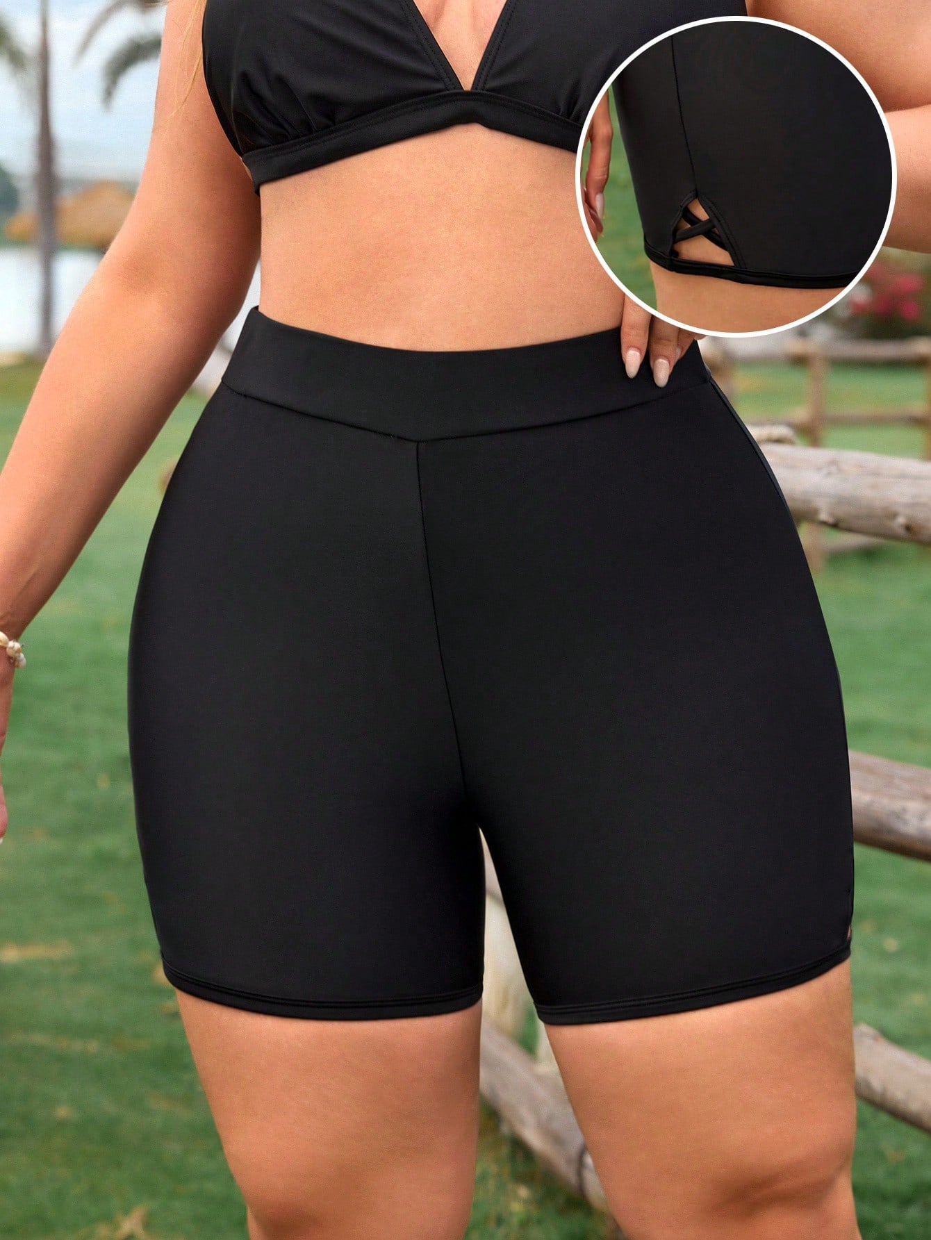 Swim Lushoire New Plus Size Women's Solid Black Slim Lifting Bikini Bottom Shorts For Summer Beach Vacation