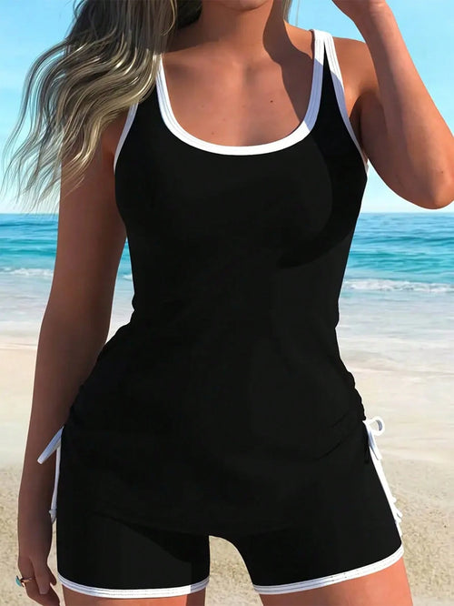 Swim Lushoire New Summer Women Beach Outfit Sleeveless Round Neck Contrast Color Drawstring Waist Shorts Black Casual Vacation Bikini Set