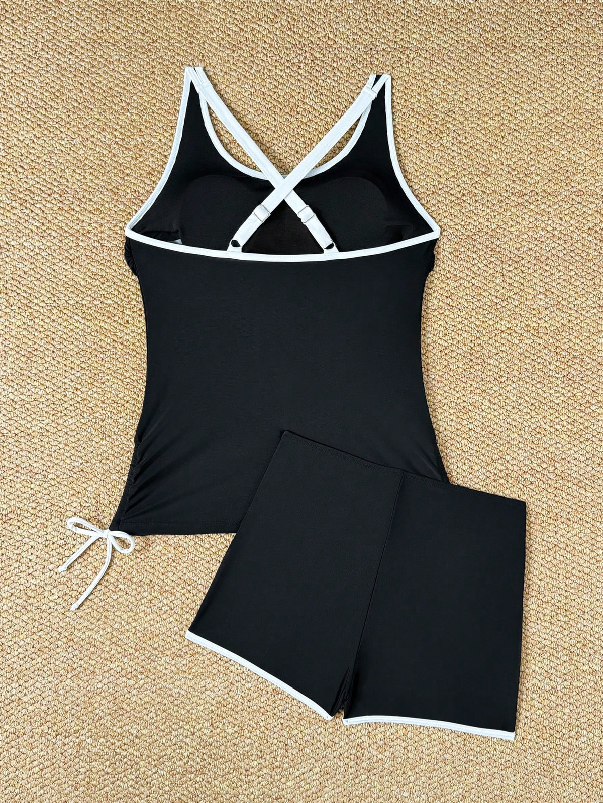 Swim Lushoire New Summer Women Beach Outfit Sleeveless Round Neck Contrast Color Drawstring Waist Shorts Black Casual Vacation Bikini Set